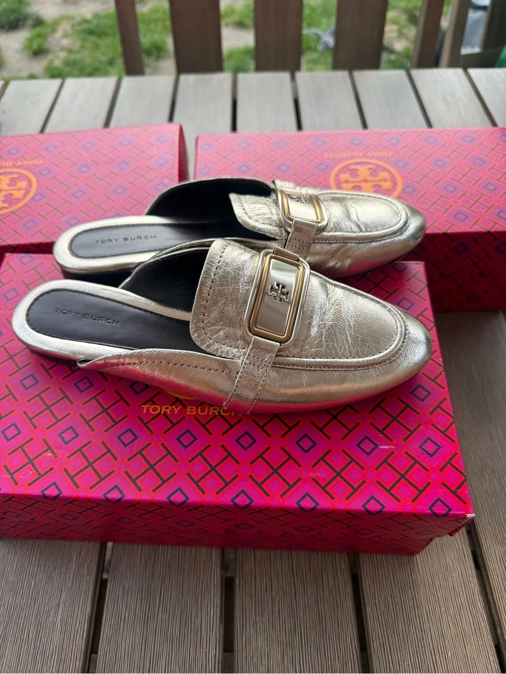 Tory Burch Ines Platform Espadrille Mule Loafers Metallic Gold Leather Size 7